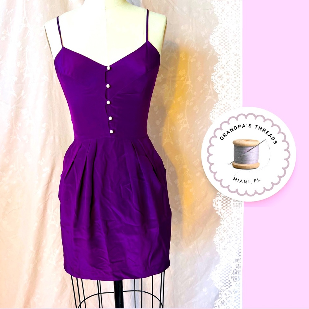 💜MYNE by Ashley Ann SILK Purple 100% Silk Coquette Mini Dress Size 0 Made in LA💜